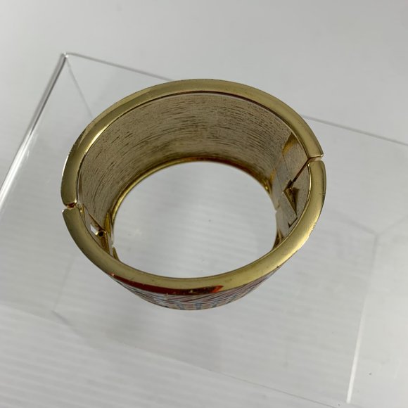 Banana Republic Cuff Bracelet Hinge Navy Blue Pink Enamel Stripe Dots 2" Wide - Picture 5 of 7